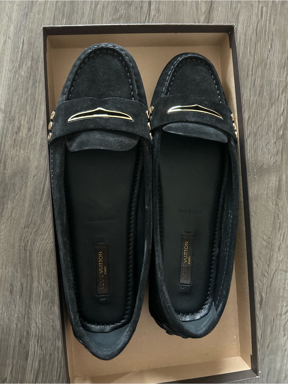 Louis Vuitton Black Suede Loafers with Gold Hardware